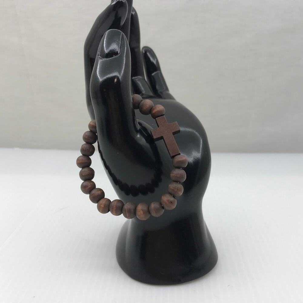 Dark Brown Wooden Lenten Beaded Cross Religious Stretch Bracelet